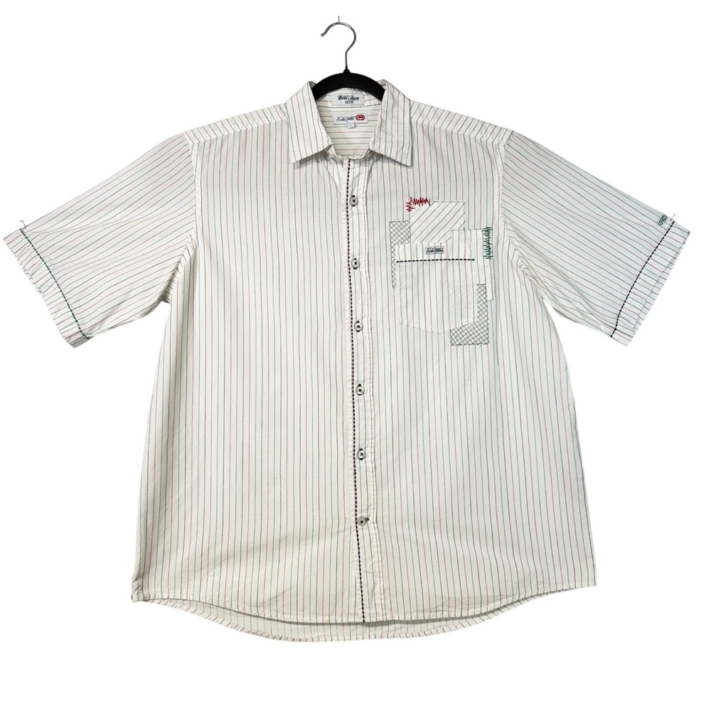 Ecko Unlimited World Company Mens L Striped Button Up Short Sleeve Shirt